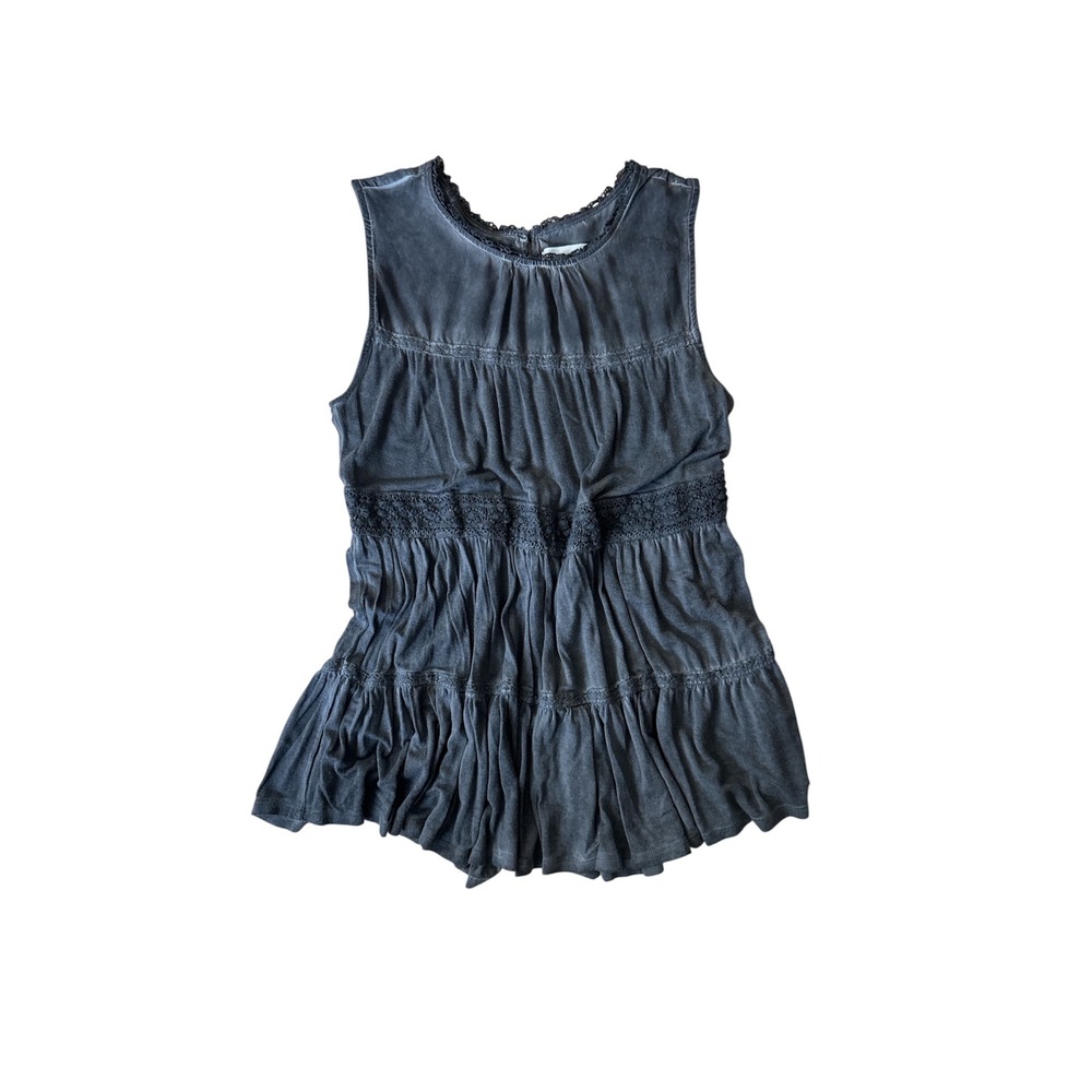 Knox Rose Womens Small Gray Acid Wash Tiered Boho Sleeveless Lace Trim Tunic Top